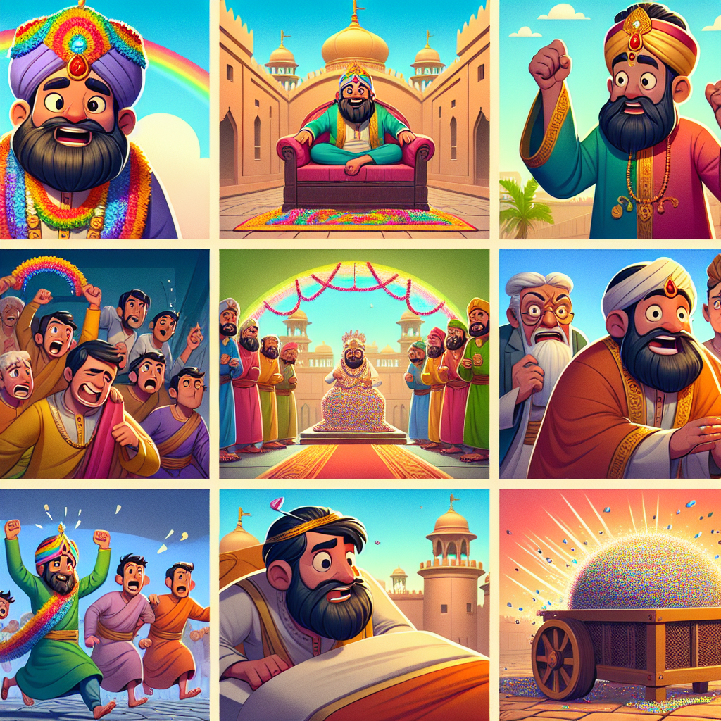 Colorful cartoon storyboard showing 8 key scenes from The Pundit and the Scholars
