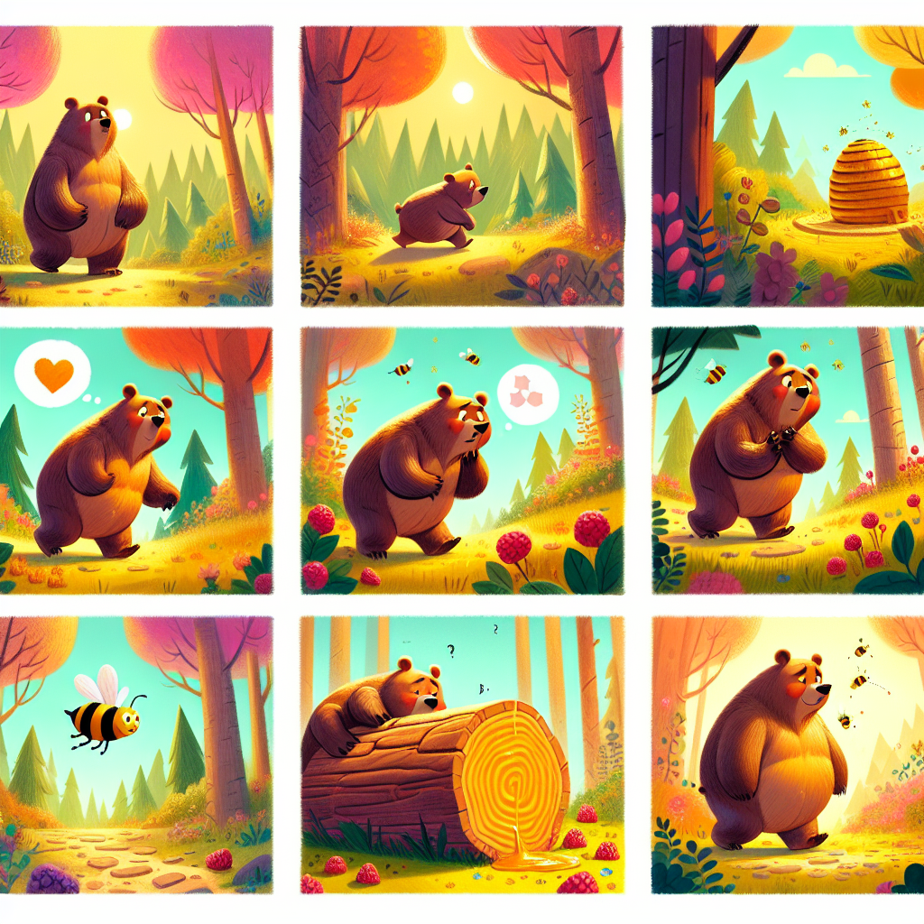Colorful cartoon storyboard showing 8 key scenes from The Bear and the Beehive