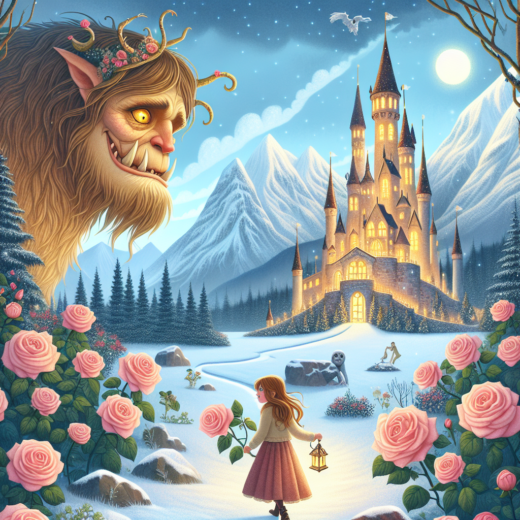 Colorful children's illustration for the story: Beauty and the Beast