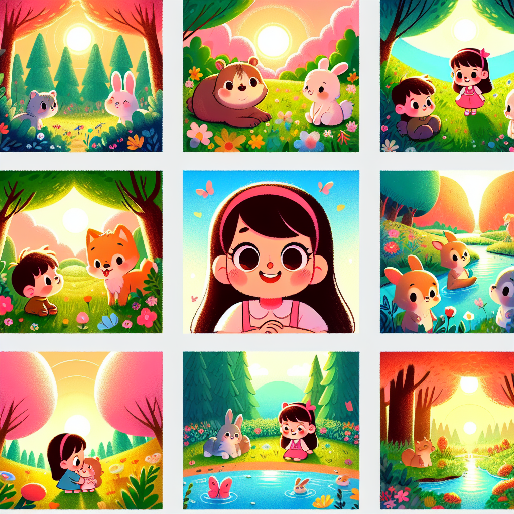 Colorful cartoon storyboard showing 8 key scenes from Beauty and the Beast