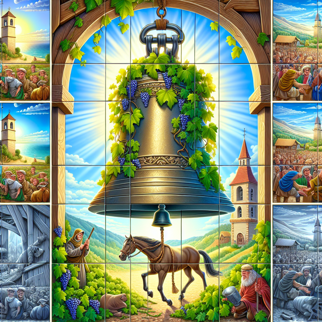 Colorful cartoon storyboard showing 8 key scenes from The Horse That Rang the Bell