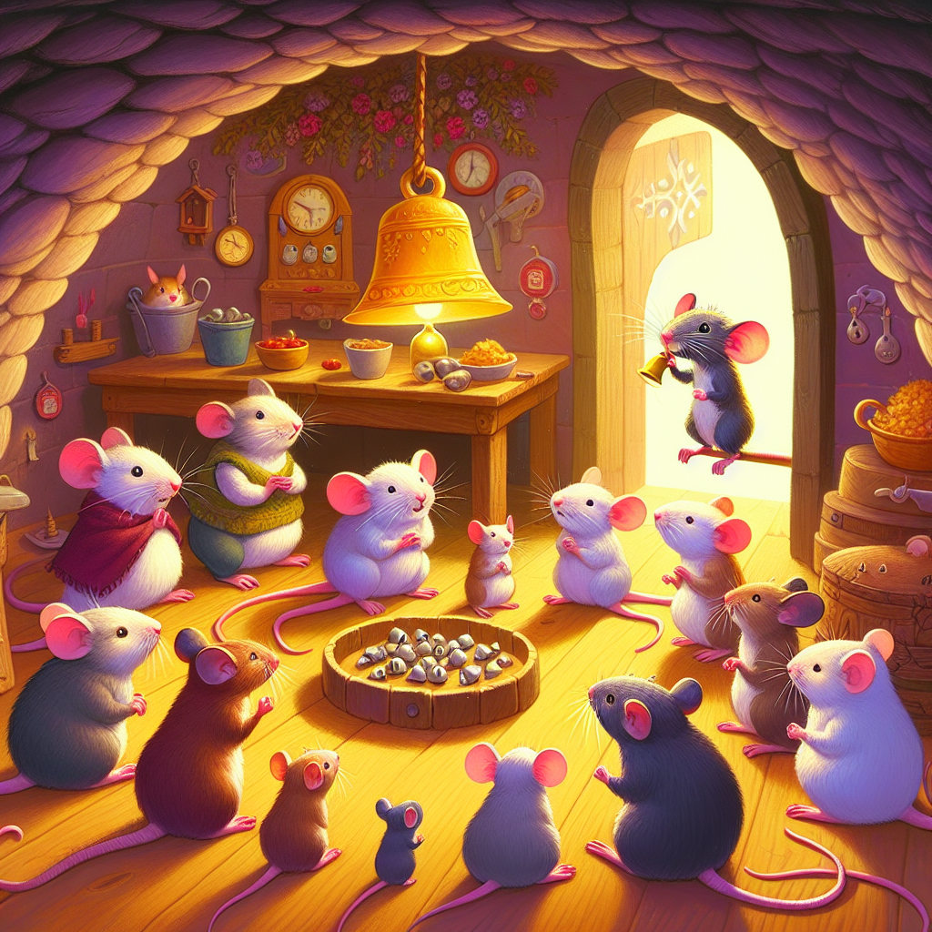 Colorful children's illustration for the story: The Mice and the Cat