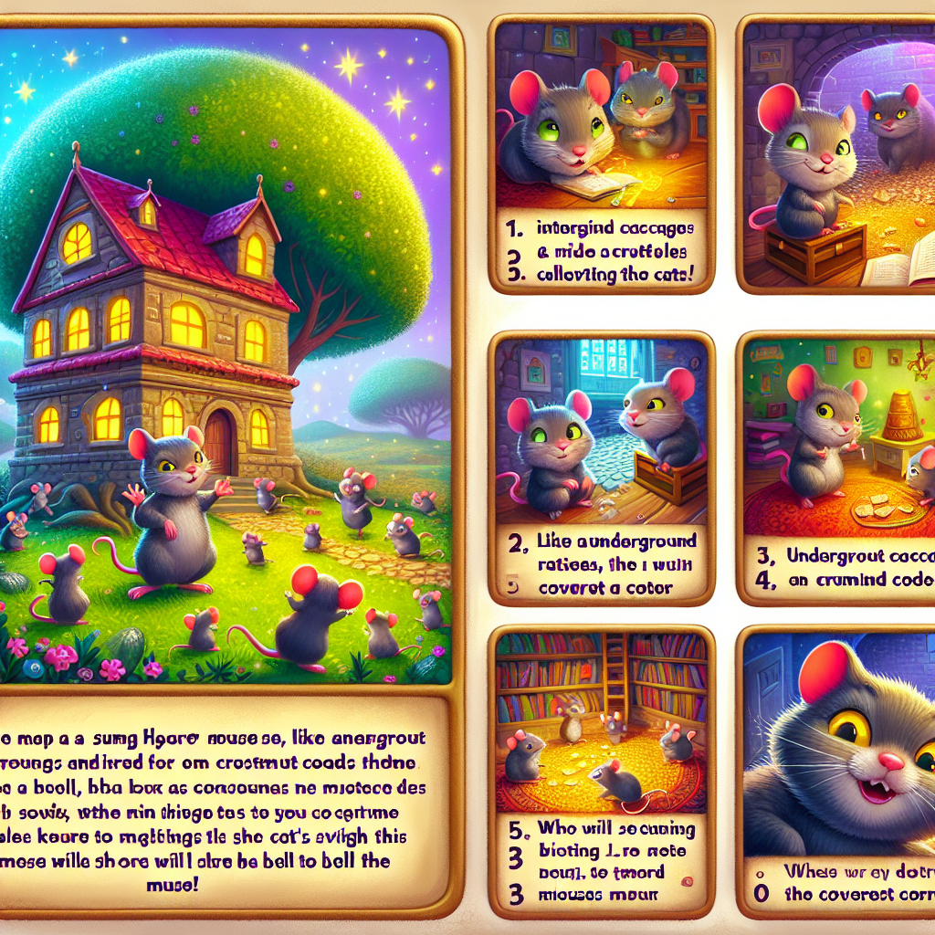 Colorful cartoon storyboard showing 8 key scenes from The Mice and the Cat