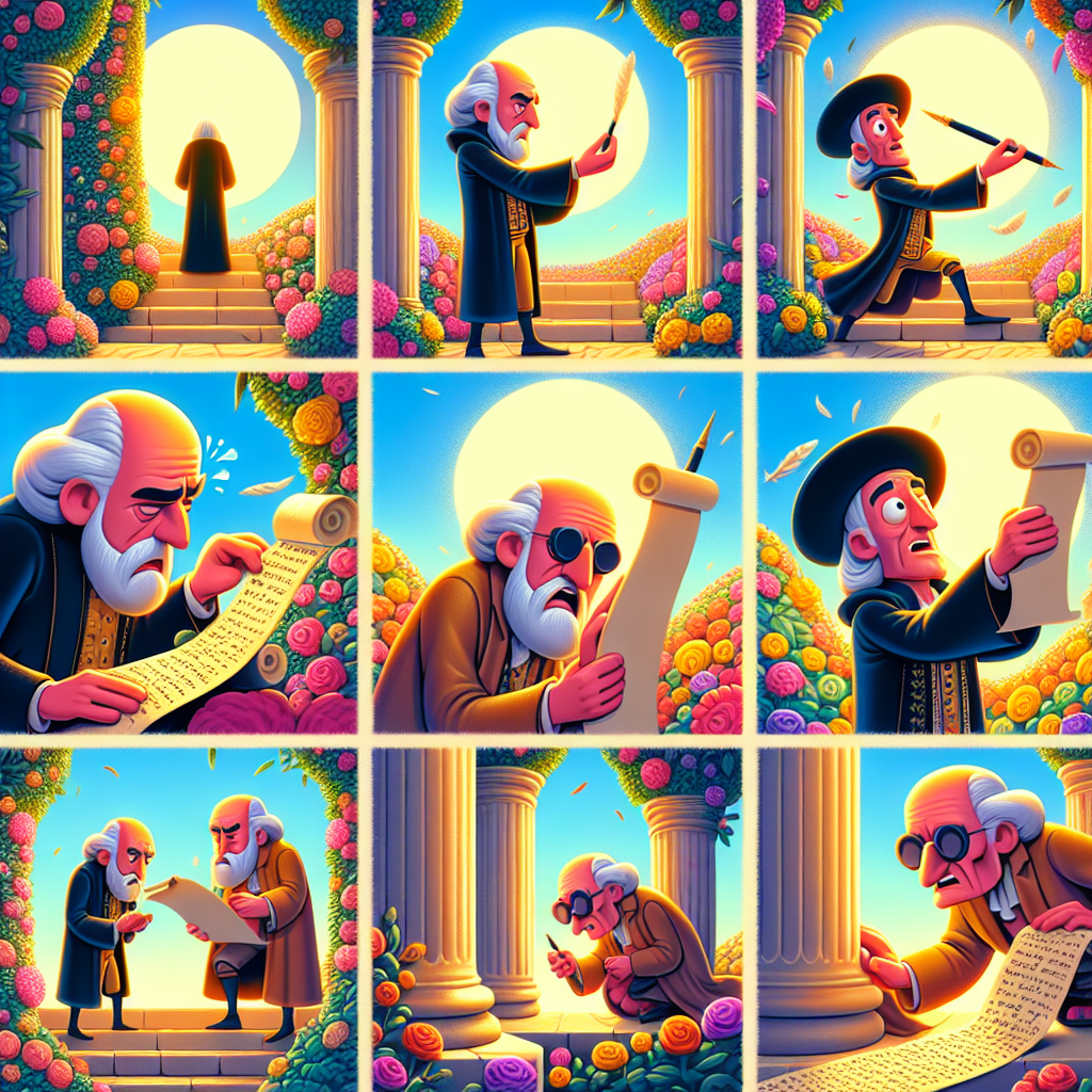 Colorful cartoon storyboard showing 8 key scenes from The King and the Fool