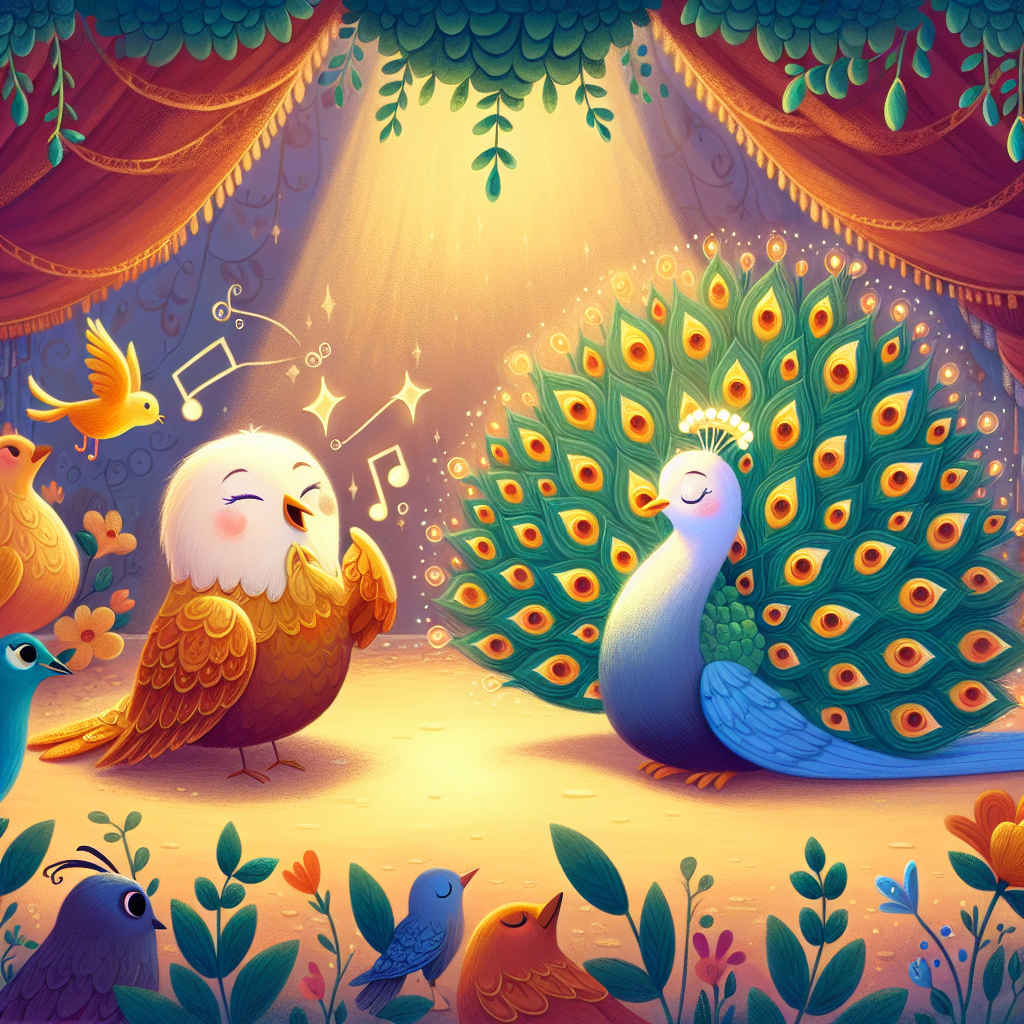 Colorful children's illustration for the story: The Peacock and the Nightingale