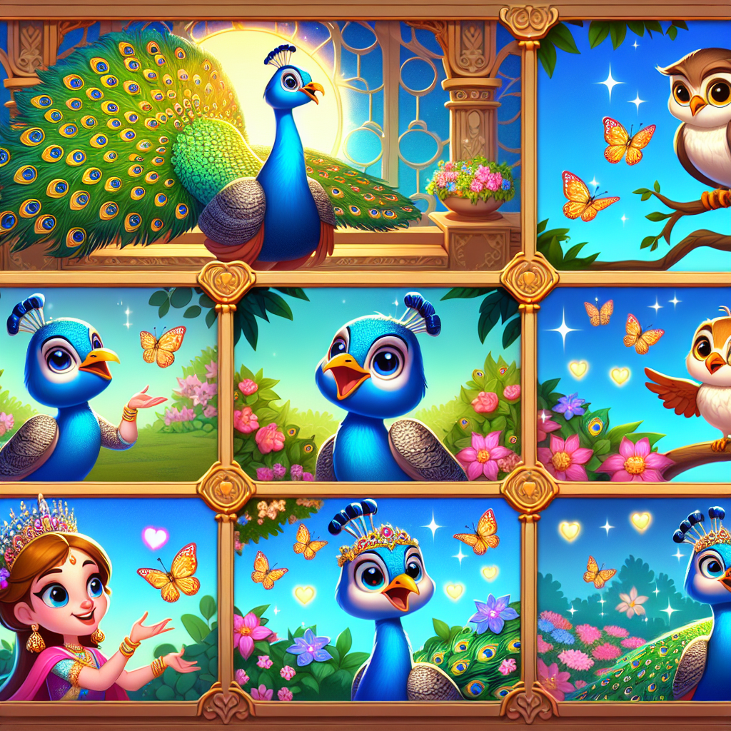 Colorful cartoon storyboard showing 8 key scenes from The Peacock and the Nightingale