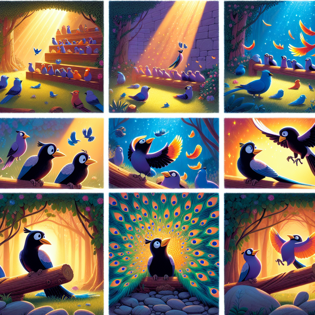 Colorful cartoon storyboard showing 8 key scenes from The Jackdaw and the Peacocks