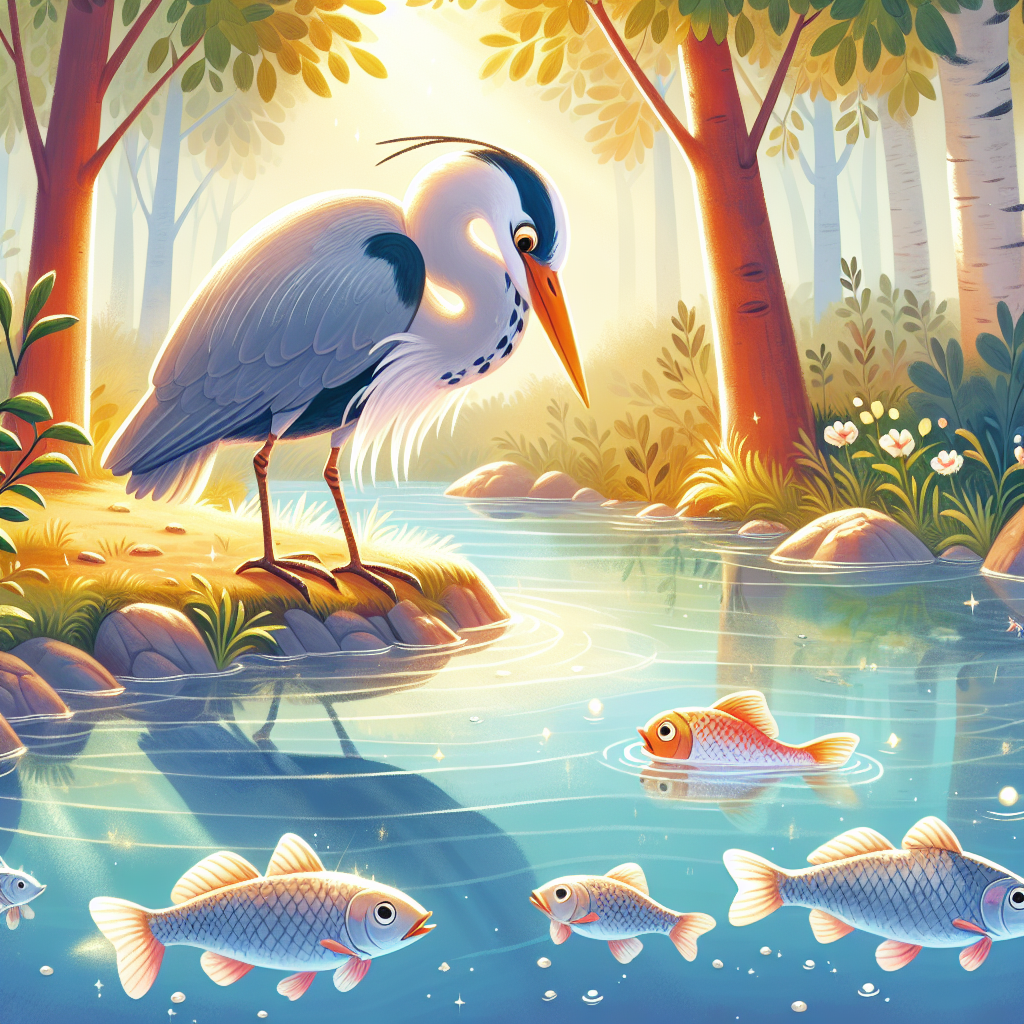 Colorful children's illustration for the story: The Heron and the Fish