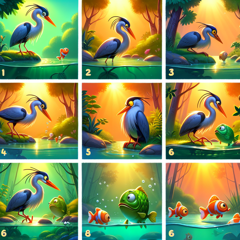 Colorful cartoon storyboard showing 8 key scenes from The Heron and the Fish