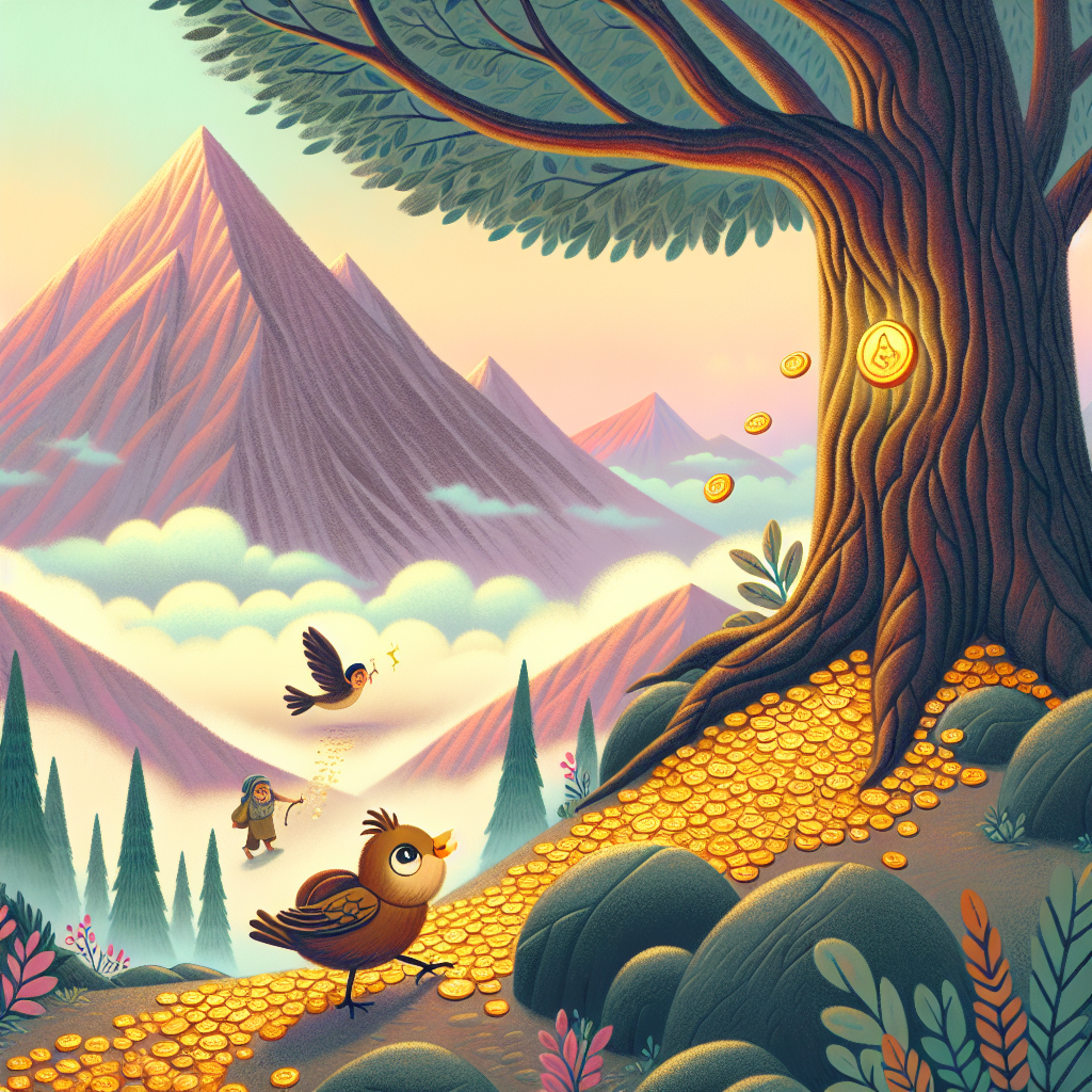 Colorful children's illustration for the story: The Golden Droppings