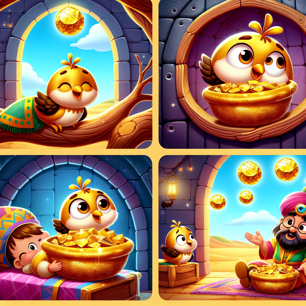 Colorful cartoon storyboard showing 8 key scenes from The Golden Droppings