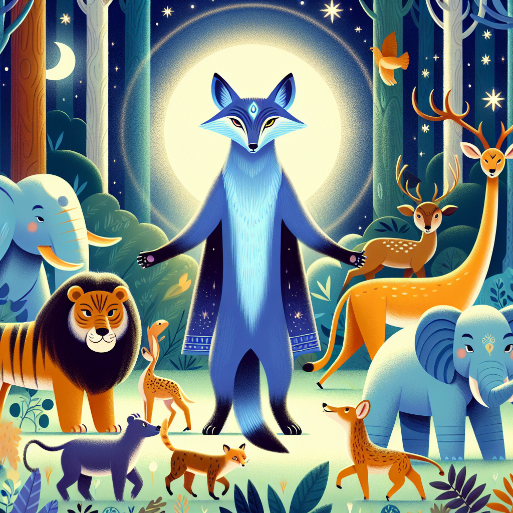 Colorful children's illustration for the story: The Blue Jackal