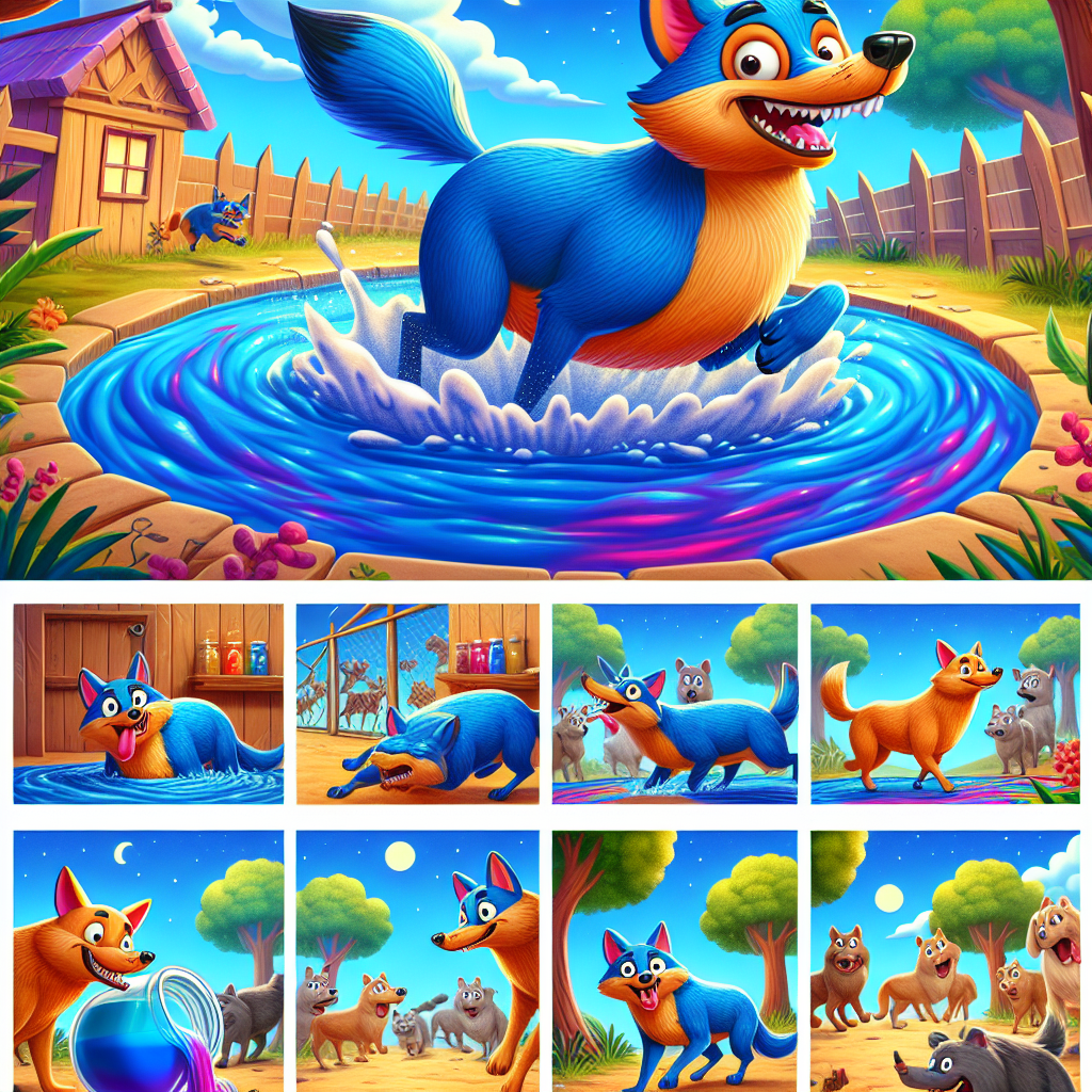Colorful cartoon storyboard showing 8 key scenes from The Blue Jackal