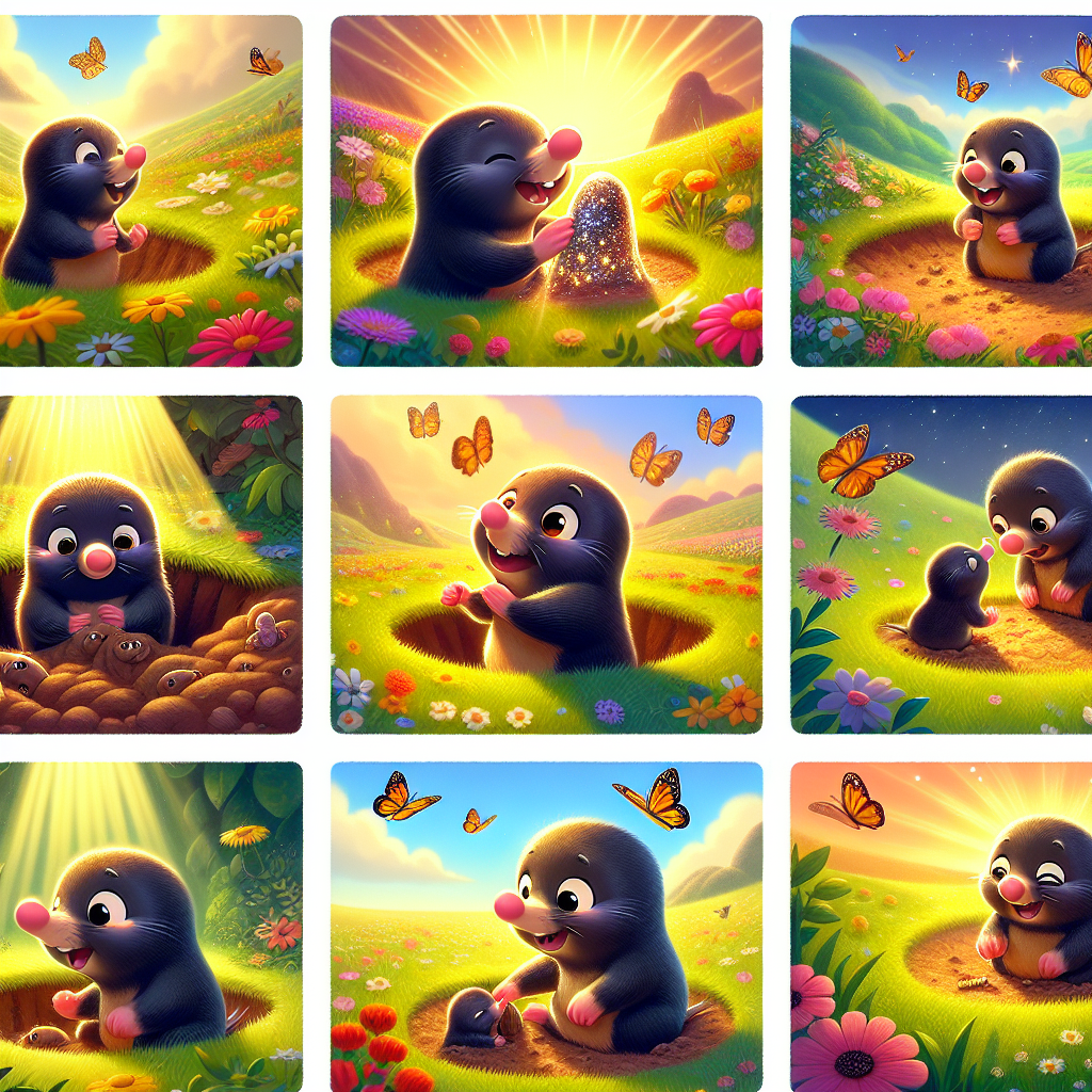 Colorful cartoon storyboard showing 8 key scenes from The Proud Little Mole