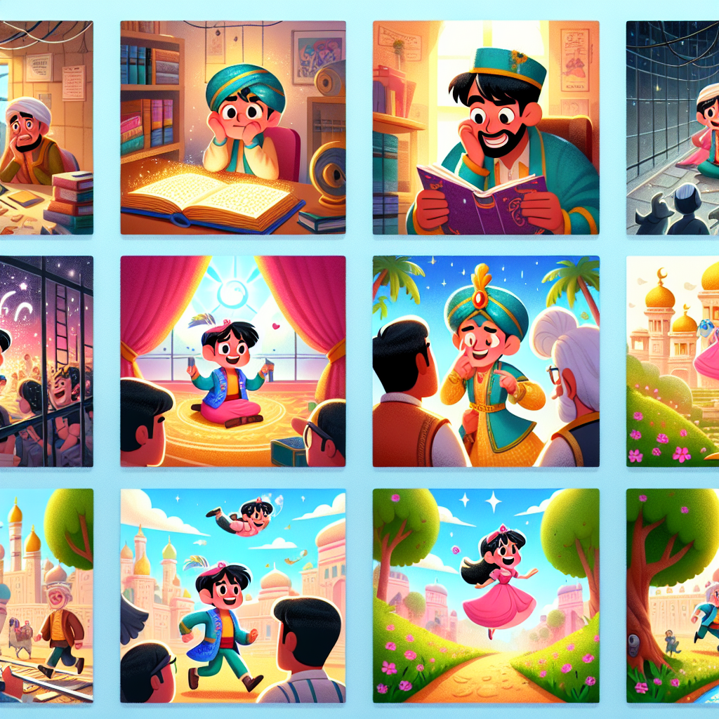 Colorful cartoon storyboard showing 8 key scenes from The Clever Son