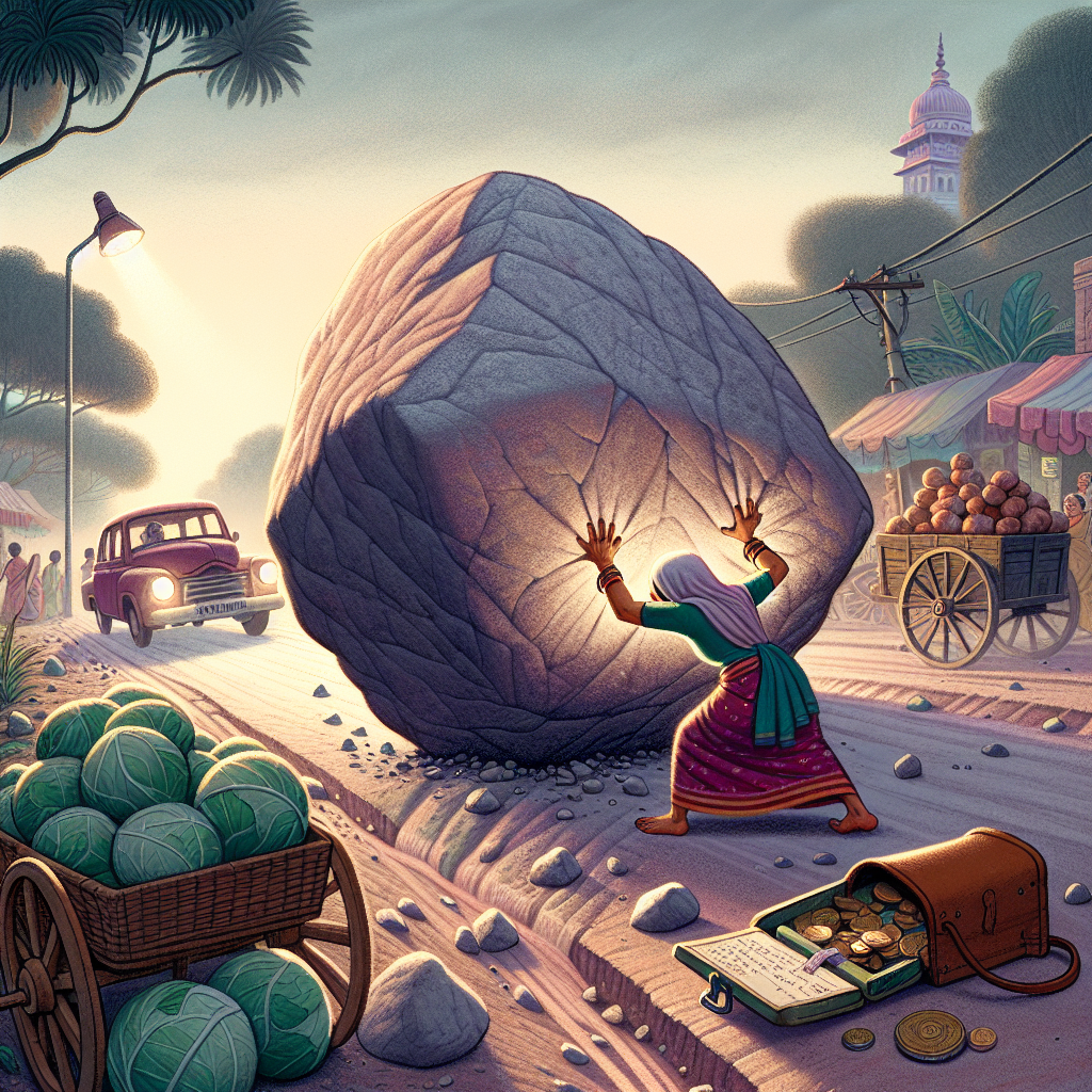 Colorful children's illustration for the story: The Boulder in the Road