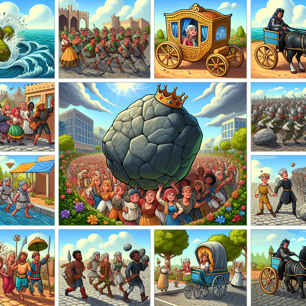 Colorful cartoon storyboard showing 8 key scenes from The Boulder in the Road