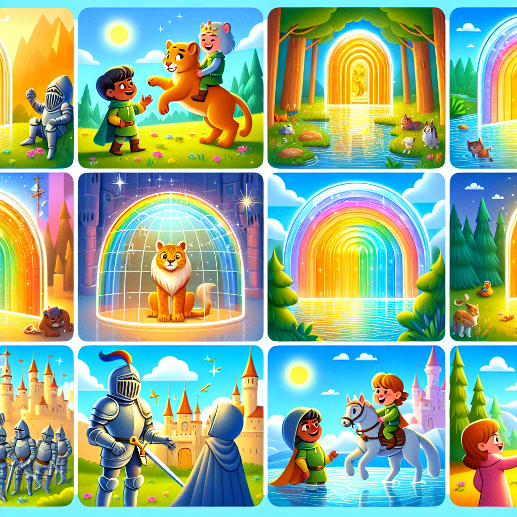Colorful cartoon storyboard showing 8 key scenes from The Glass Mountain