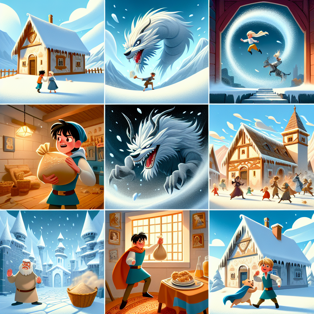 Colorful cartoon storyboard showing 8 key scenes from The Boy and the North Wind