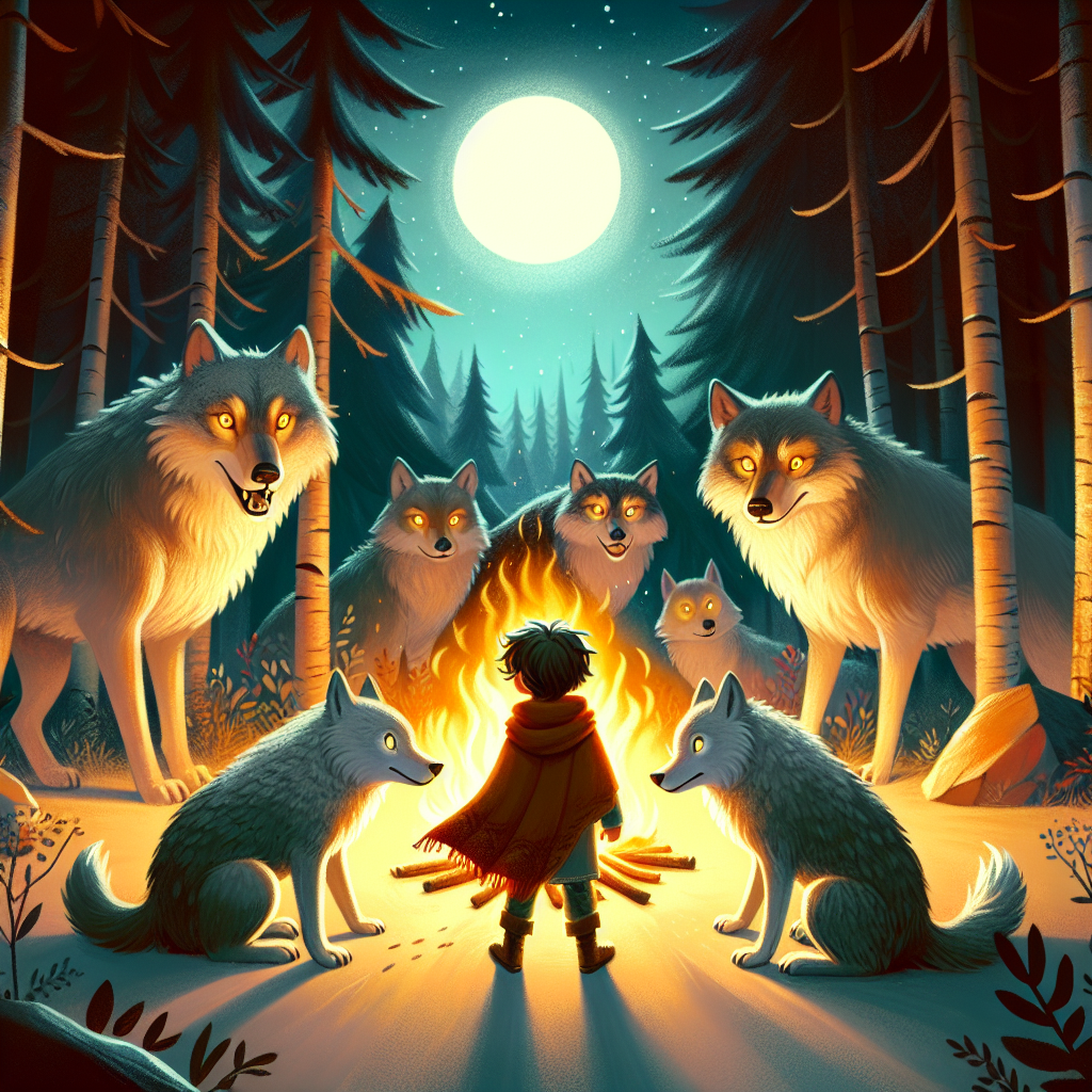 Colorful children's illustration for the story: The Boy and the Wolves