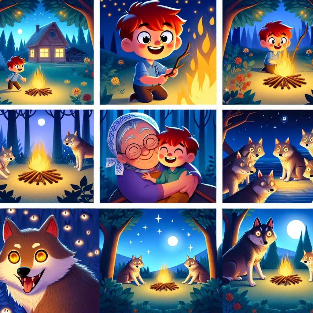 Colorful cartoon storyboard showing 8 key scenes from The Boy and the Wolves