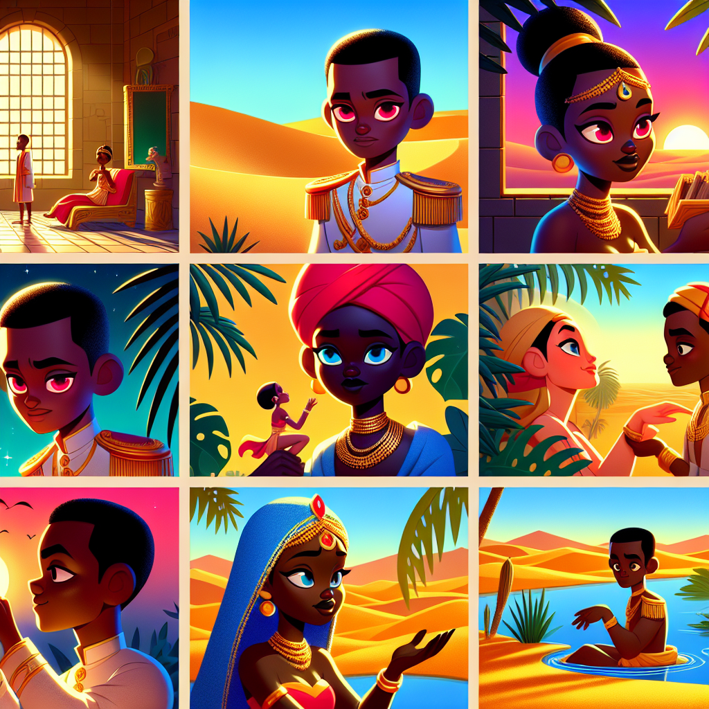 Colorful cartoon storyboard showing 8 key scenes from The Prince and the Princess
