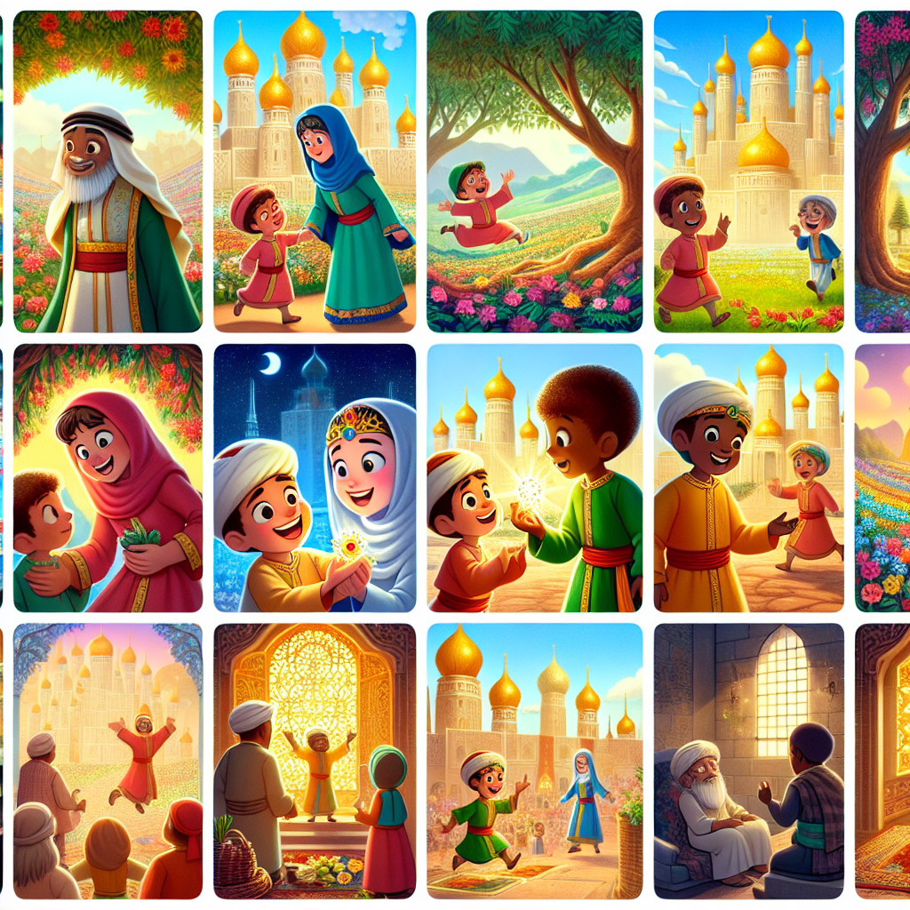 Colorful cartoon storyboard showing 8 key scenes from The Prince Who Knew the Truth