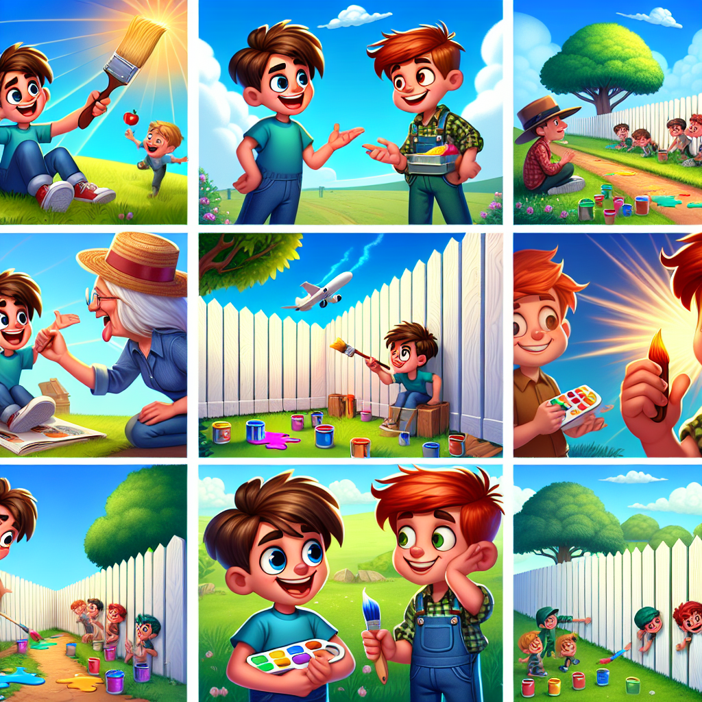 Colorful cartoon storyboard showing 8 key scenes from Tom Sawyer's Clever Trick