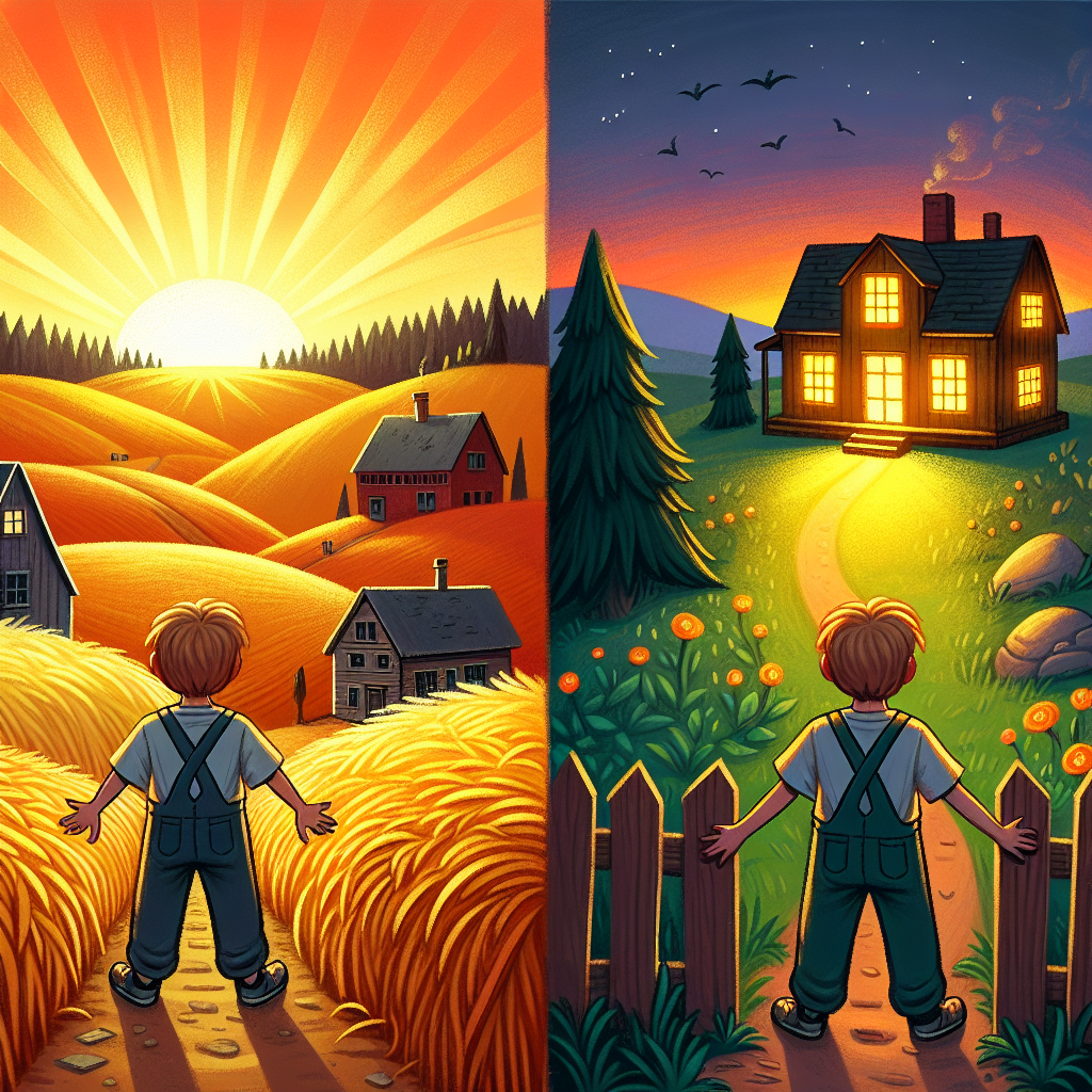 Colorful children's illustration for the story: The Boy Who Chased Golden Windows