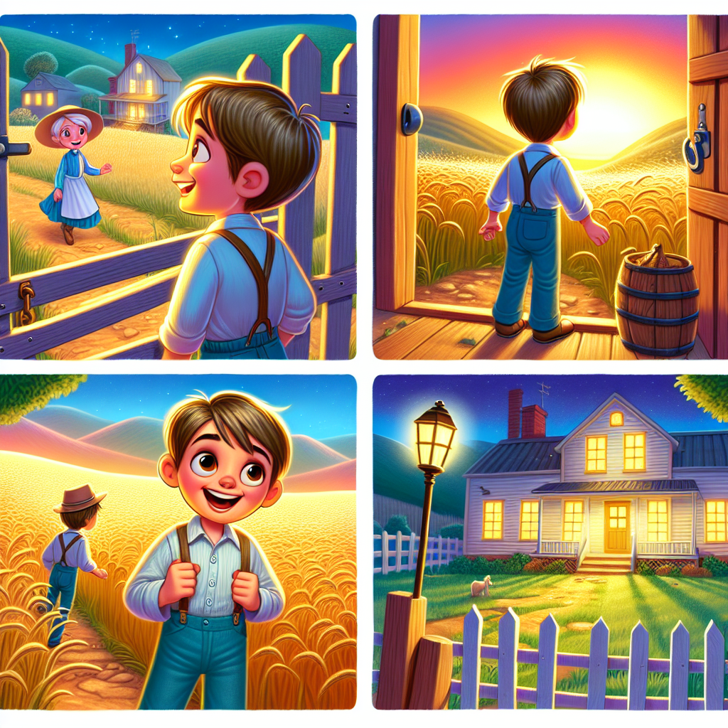 Colorful cartoon storyboard showing 8 key scenes from The Boy Who Chased Golden Windows