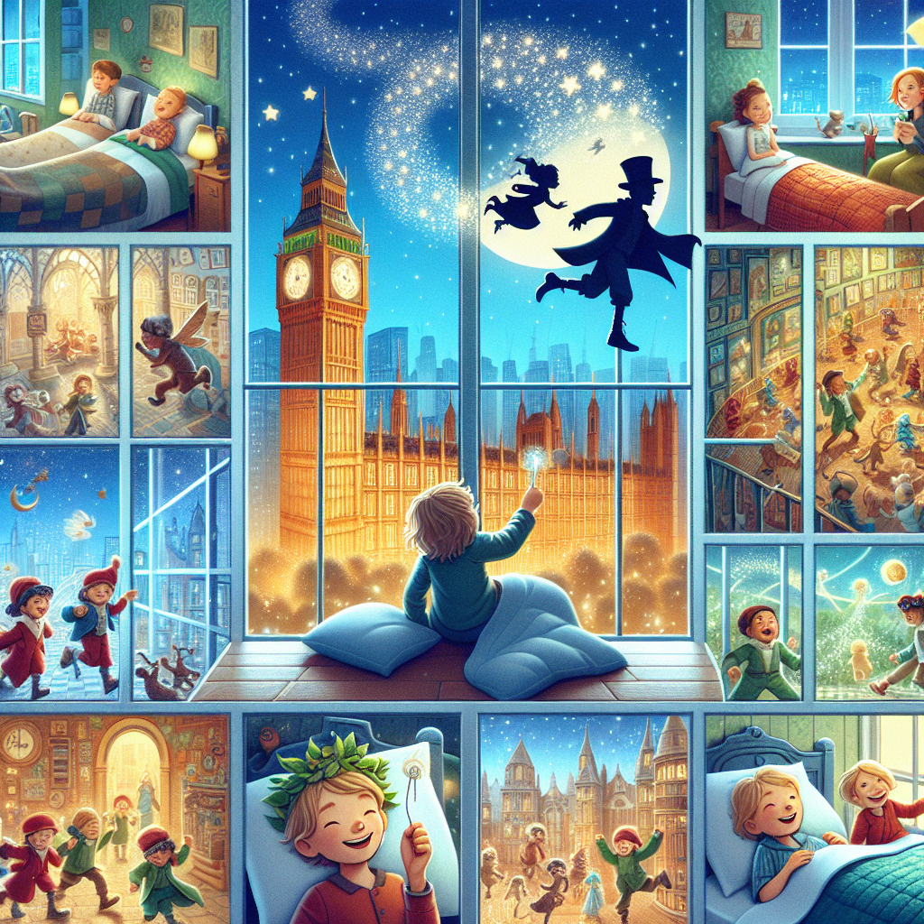 Colorful cartoon storyboard showing 8 key scenes from Peter Pan