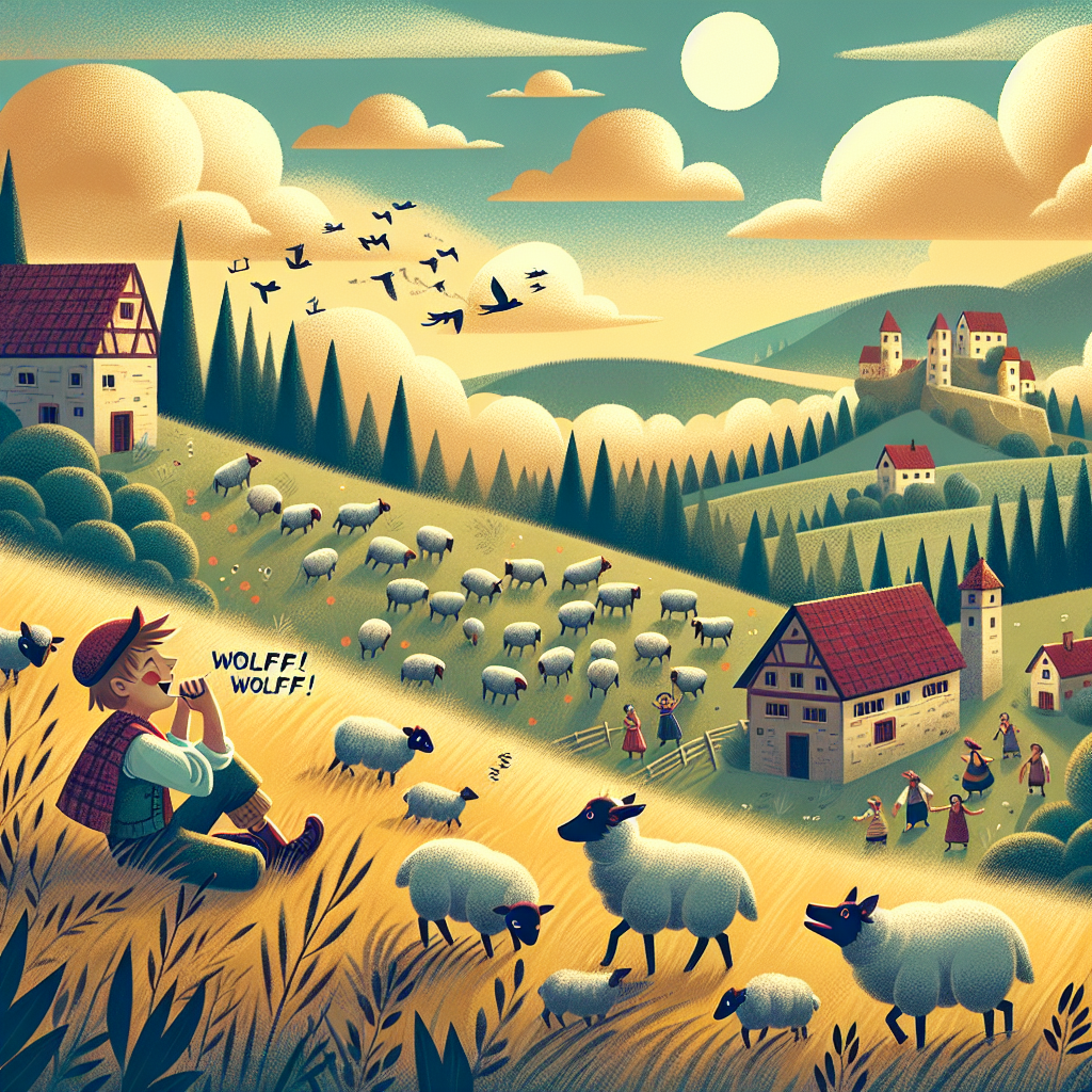 Colorful children's illustration for the story: The Boy Who Cried Wolf