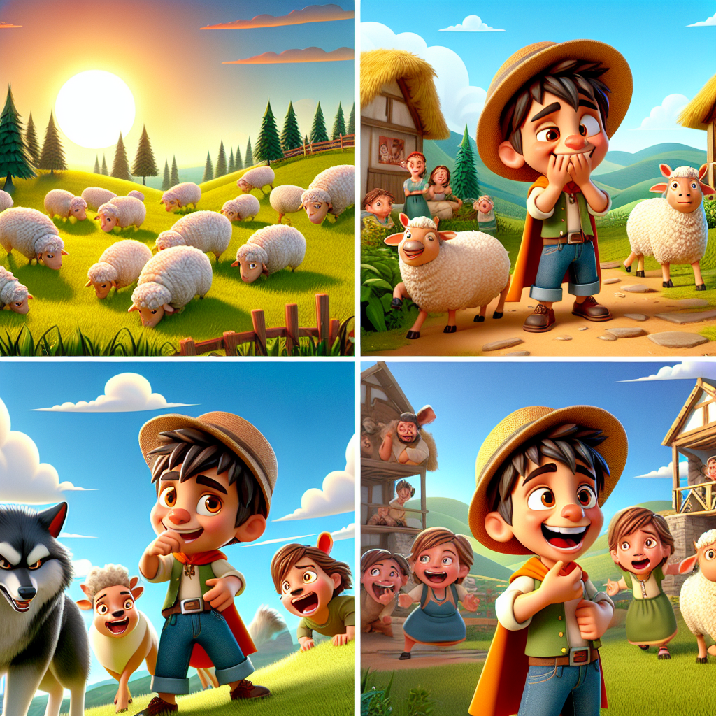 Colorful cartoon storyboard showing 8 key scenes from The Boy Who Cried Wolf
