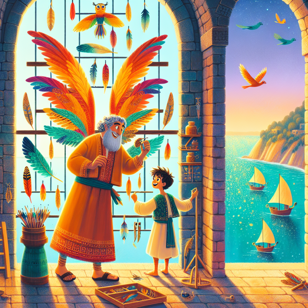 Colorful children's illustration for the story: Icarus