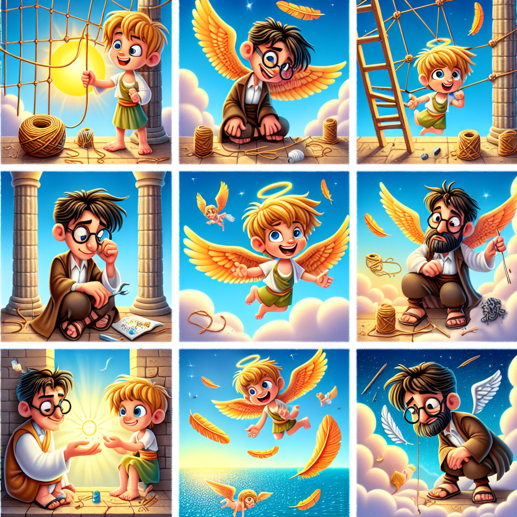 Colorful cartoon storyboard showing 8 key scenes from Icarus