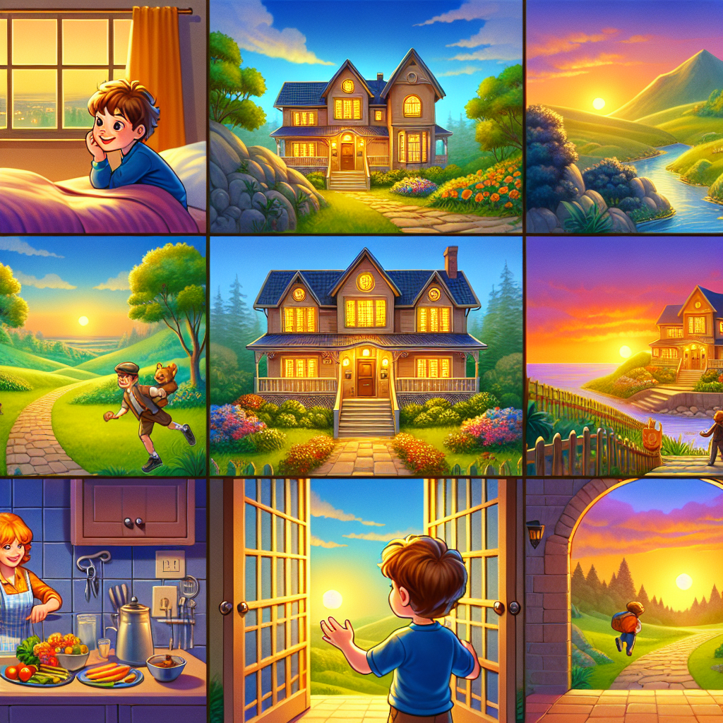 Colorful cartoon storyboard showing 8 key scenes from The Boy Who Discovered Treasure at Home