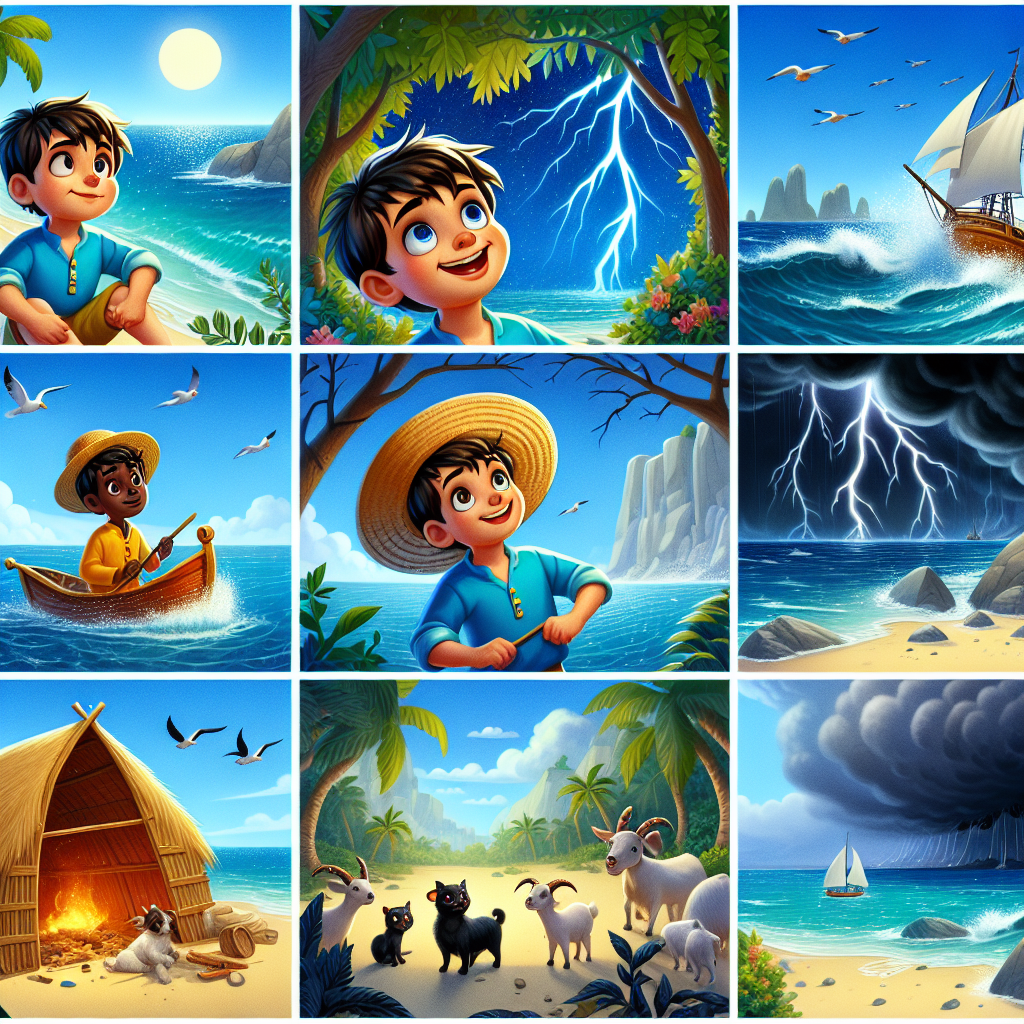 Colorful cartoon storyboard showing 8 key scenes from The Boy and the Sea