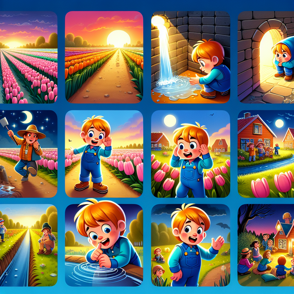 Colorful cartoon storyboard showing 8 key scenes from The Boy Who Stopped the Sea