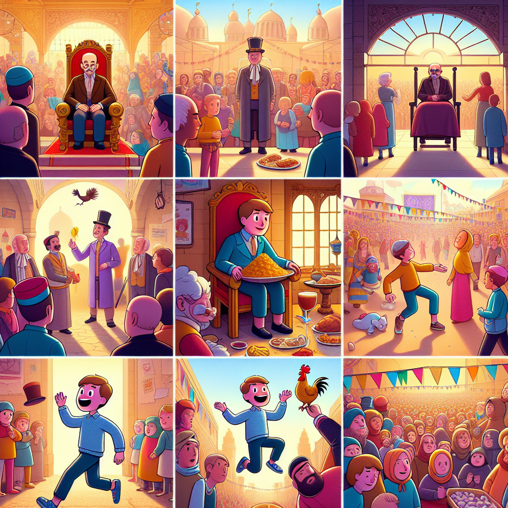 Colorful cartoon storyboard showing 8 key scenes from The Boy Who Made the King Laugh