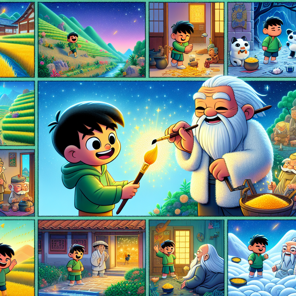 Colorful cartoon storyboard showing 8 key scenes from The Boy Who Painted Dreams
