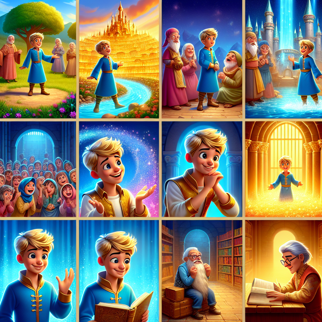 Colorful cartoon storyboard showing 8 key scenes from The Boy Who Knew Everything