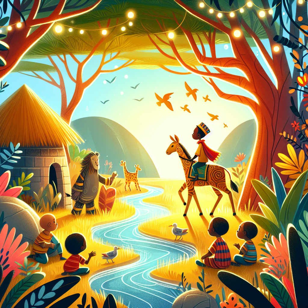 Colorful children's illustration for the story: Anansi and the Pot of Wisdom