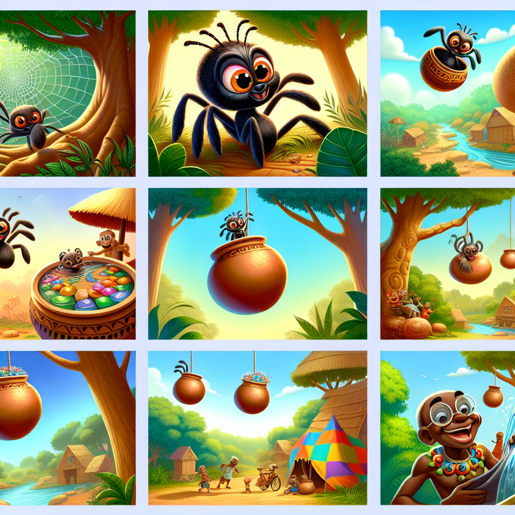 Colorful cartoon storyboard showing 8 key scenes from Anansi and the Pot of Wisdom