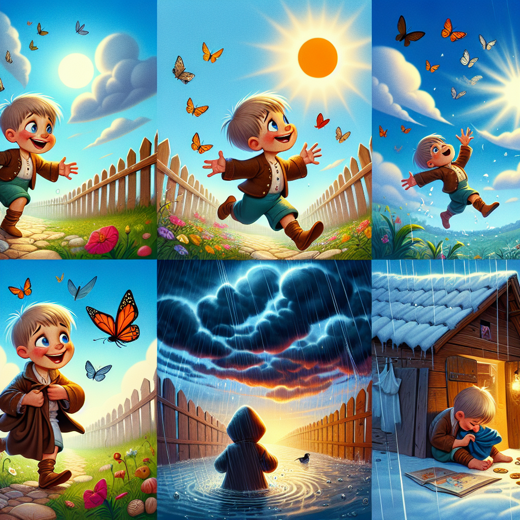 Colorful cartoon storyboard showing 8 key scenes from The Boy Who Sold His Coat