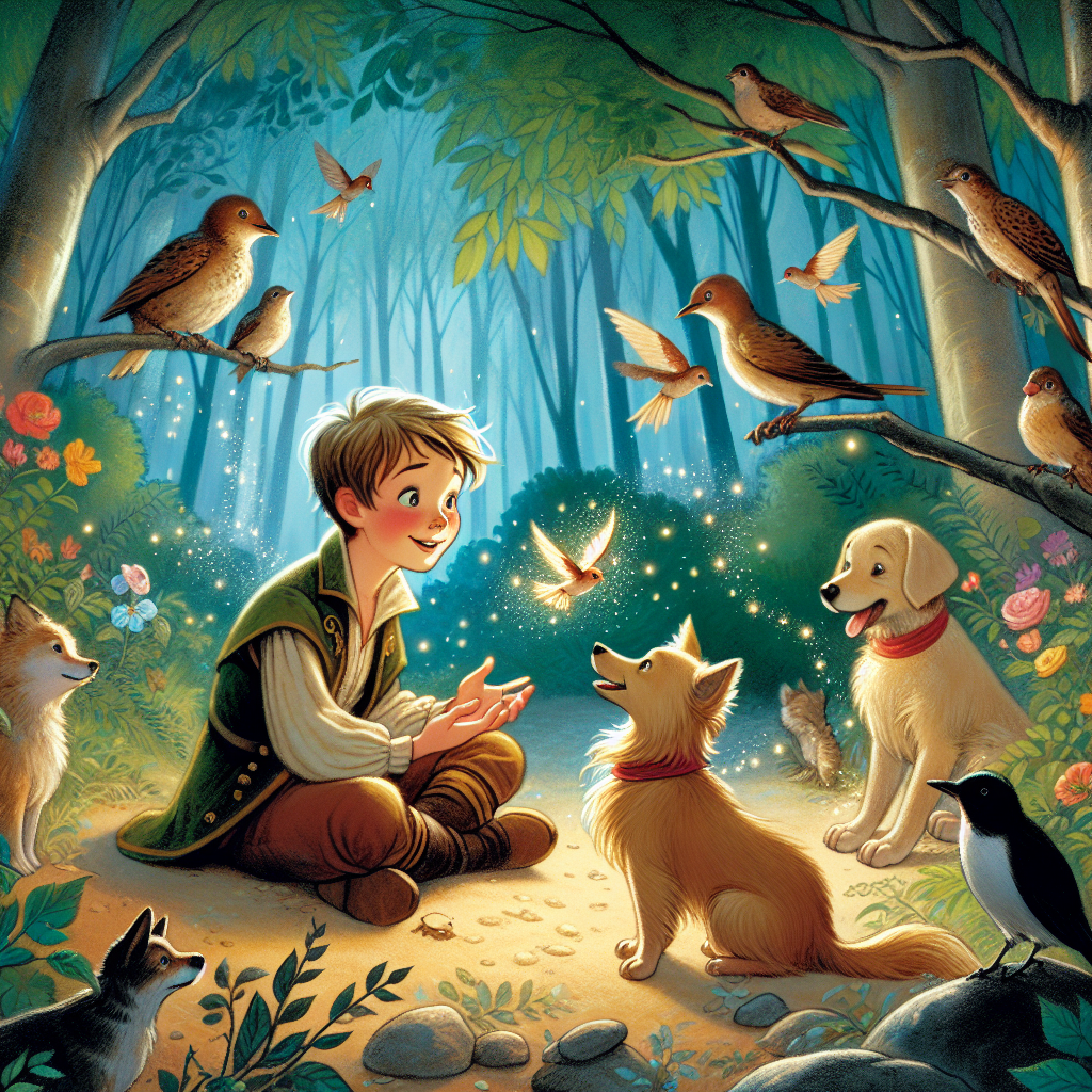 Colorful children's illustration for the story: The Boy Who Spoke with Animals