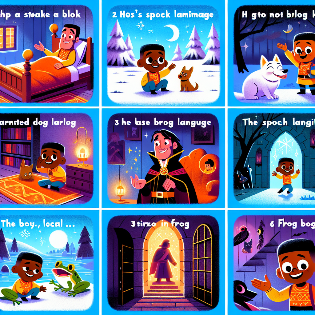 Colorful cartoon storyboard showing 8 key scenes from The Boy Who Spoke with Animals