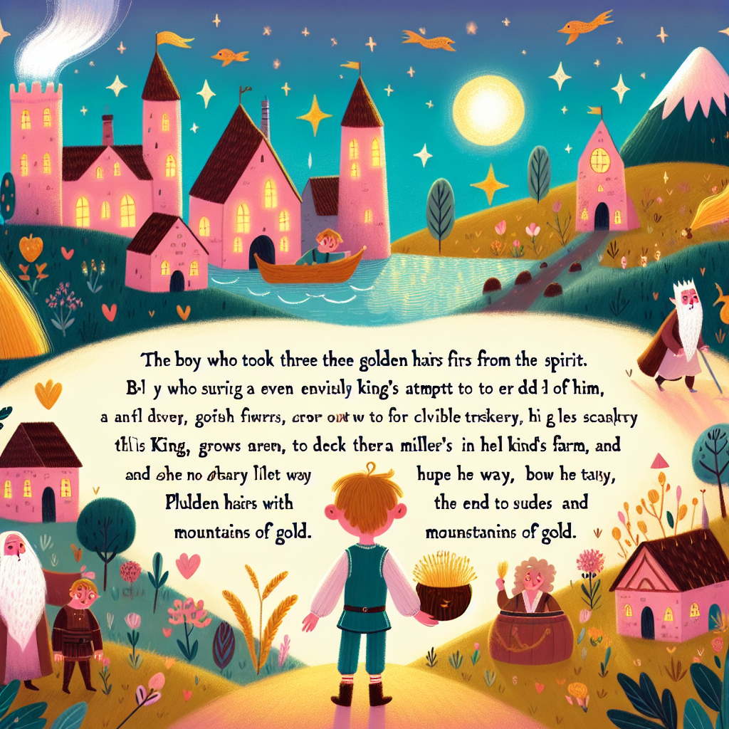 Colorful children's illustration for the story: The Boy Who Stole Three Golden Hairs