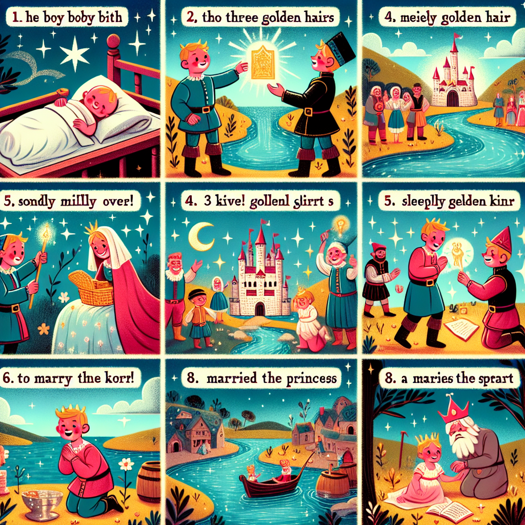 Colorful cartoon storyboard showing 8 key scenes from The Boy Who Stole Three Golden Hairs
