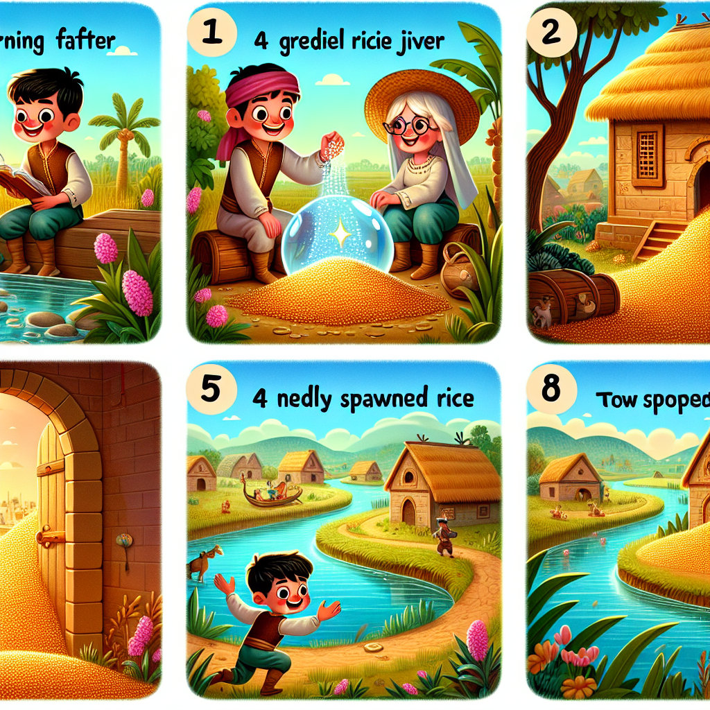 Colorful cartoon storyboard showing 8 key scenes from The Boy Who Swallowed a Dragon Pearl