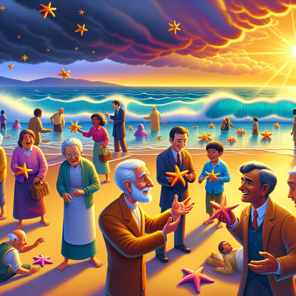Colorful cartoon storyboard showing 8 key scenes from The Starfish Story